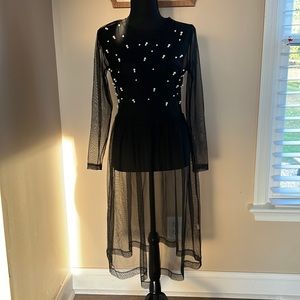 Zara Blue Transparent Tulle Mesh Midi Dress with Pearls Size S